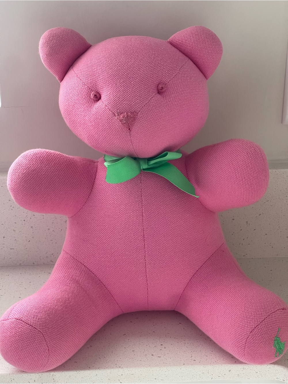 Polo Ralph Lauren Pink Knit Teddy Bear Plush Green Pony Logo Baby Nursery Toy